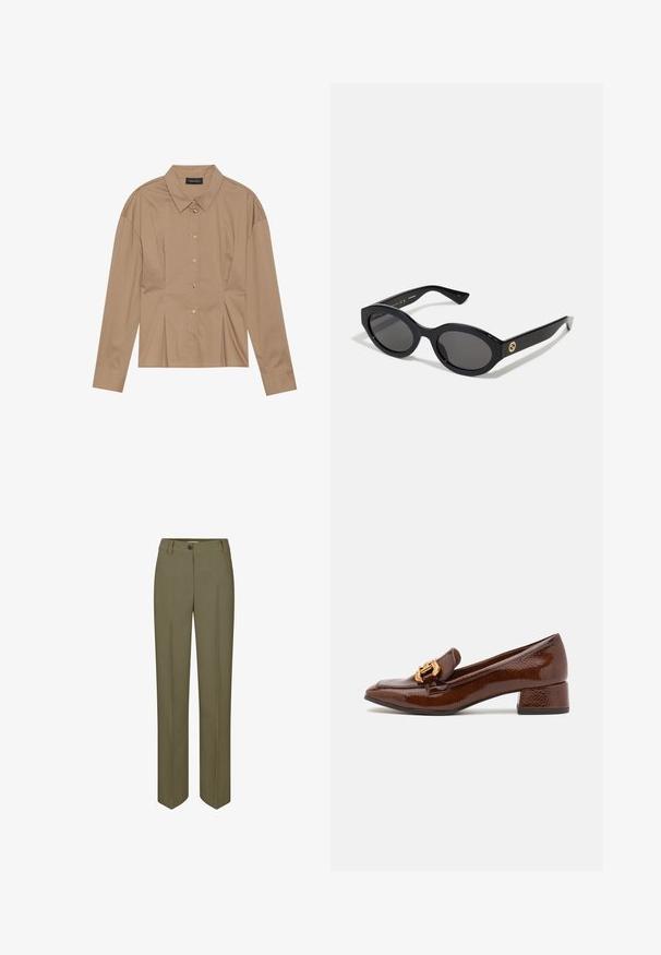 Chemise marron à manches longues avec un col rabattu, fermeture à boutons sur le devant et détails de plis. Fabriquée en un tissu lisse avec un design ajusté.; Pantalons ajustés vert olive avec une jambe droite, fermeture à un bouton et deux plis avant, présentant une texture lisse et tissée.; Mocassins en cuir marron avec une finition brillante, dotés d'une boucle décorative en or à l'avant et d'un talon bas. Design classique.; Lunettes de soleil ovales noires avec des verres sombres et une monture en plastique brillant. Présente un logo doré sur la branche, offrant un design épuré et moderne.; Boucles d'oreilles en or sphériques avec une finition polie et une petite tige. Elles présentent une texture lisse et une surface réfléchissante.