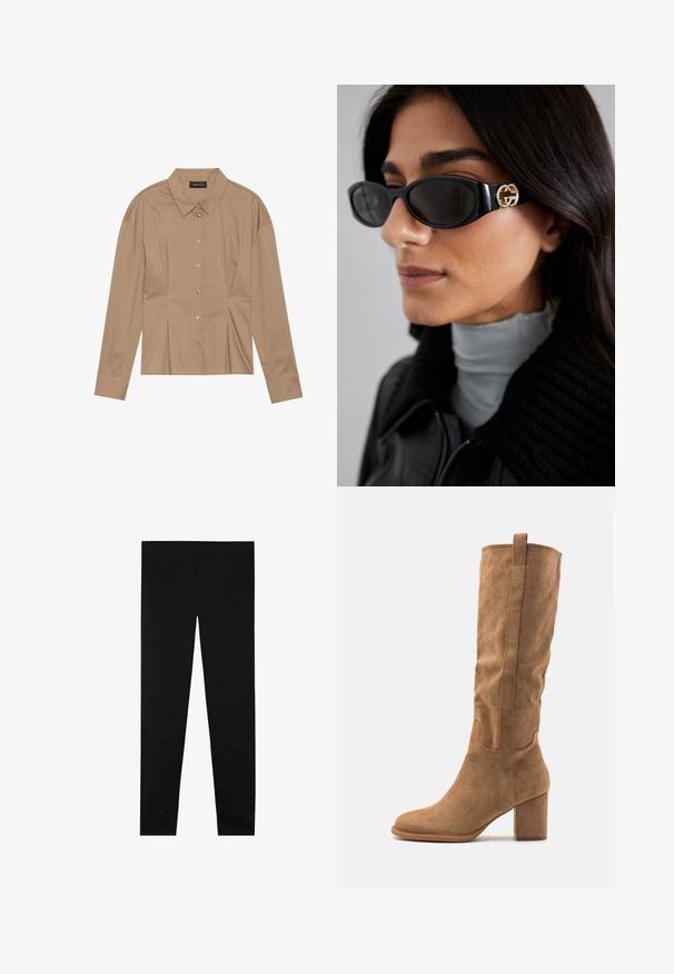 Chemise marron à manches longues avec un col rabattu, fermeture à boutons sur le devant et détails de plis. Fabriquée en un tissu lisse avec un design ajusté.; Pantalons noirs en tissu extensible lisse avec une coupe slim. Présente une taille plate et un design simple sans matériel ou accents visibles.; Botte en daim beige hauteur genou avec un talon bloc, présentant des accents cousus et une silhouette épurée pour un look moderne.; Lunettes de soleil noires avec une monture rectangulaire élégante et un accent logo doré sur le côté. Les verres sombres et la finition brillante sont proéminents.; Sac à main en cuir noir avec double anses, serrure dorée et détails en chaîne, et accessoire à pompon noir et blanc sur fond blanc.