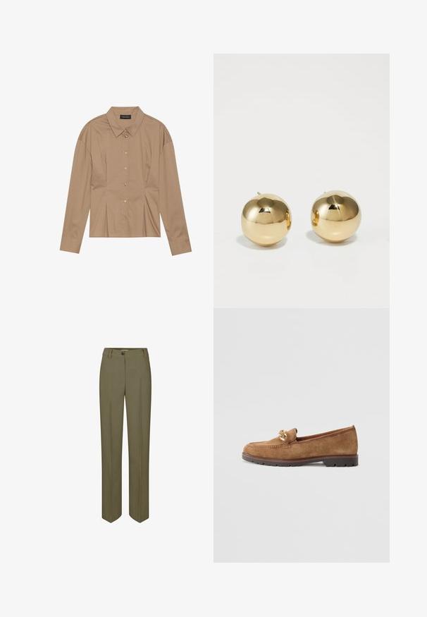 Braunes Langarmhemd mit kragen, durchgehender Knopfleiste und Faltendetails. Hergestellt aus einem glatten Stoff mit tailliertem Schnitt.; Olivgrüne maßgeschneiderte Hose mit geradem Bein, einfacher Knopfverschluss und zwei vorderen Falten, mit einer glatten, gewebten Textur.; Tamaris Slipper - camel; Goldene, kugelförmige Steckohrringe mit polierter Oberfläche und kleinem Steg. Sie weisen eine glatte Textur und reflektierende Oberfläche auf.