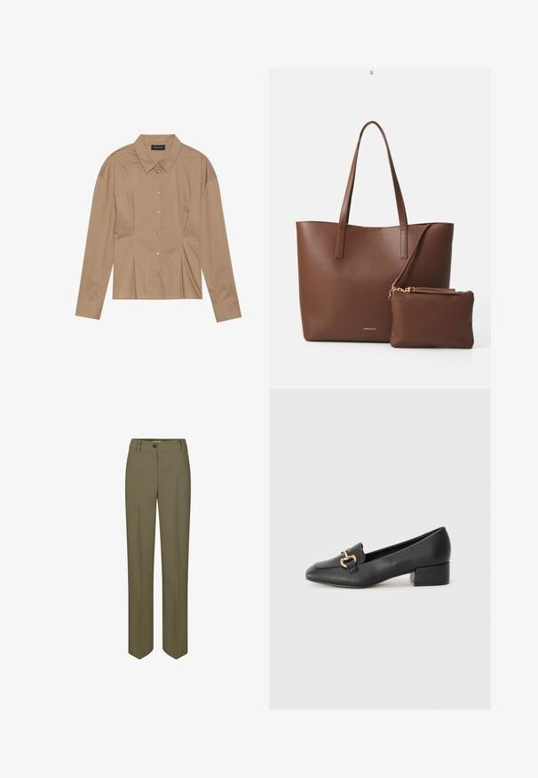 Braunes Langarmhemd mit kragen, durchgehender Knopfleiste und Faltendetails. Hergestellt aus einem glatten Stoff mit tailliertem Schnitt.; Olivgrüne maßgeschneiderte Hose mit geradem Bein, einfacher Knopfverschluss und zwei vorderen Falten, mit einer glatten, gewebten Textur.; Schwarze Lederloafers mit flachem Absatz, die auf der Vorderseite ein dekoratives goldfarbenes Hardware-Detail und eine glatte Textur aufweisen.; Braune Handtasche aus Kunstleder mit zwei langen Griffen und einem passenden kleinen Beutel. Die Oberfläche weist ein strukturiertes Muster und goldene Hardware-Akzente auf.