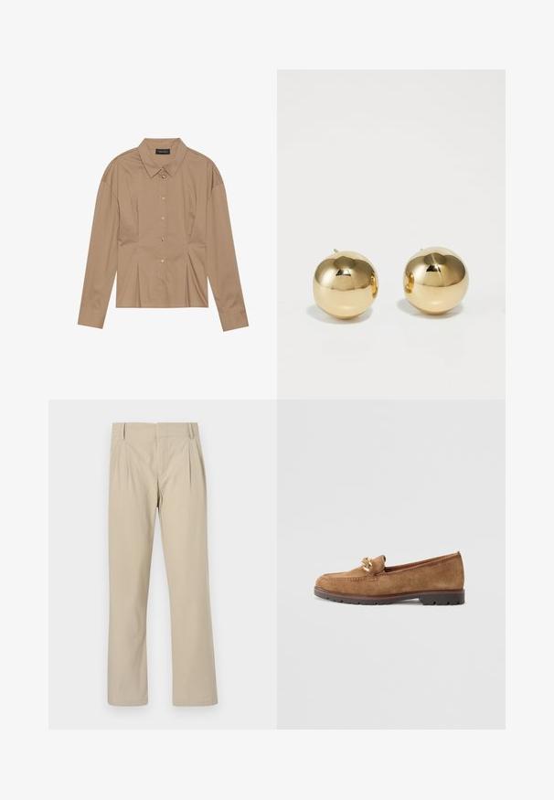 Chemise marron à manches longues avec un col rabattu, fermeture à boutons sur le devant et détails de plis. Fabriquée en un tissu lisse avec un design ajusté.; Pantalons larges beige en mélange de coton ; avec plis à l'avant, coupe droite et passants de ceinture. Texture lisse, sans motifs.; Tamaris Chaussons - camel; Boucles d'oreilles en or sphériques avec une finition polie et une petite tige. Elles présentent une texture lisse et une surface réfléchissante.