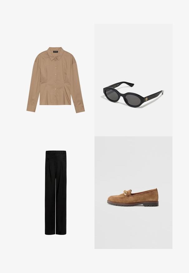 Brown long-sleeve shirt with a collared neck, button-down front, and pleat details. Made from a smooth fabric with a fitted design.; Black wide-leg pants made of smooth fabric, featuring a high waist, dual side pockets, and pleated detailing at the front for structure.; Tamaris Slip-ons - camel; Black oval sunglasses with dark lenses and glossy plastic frame. Features gold logo on the temple, offering a sleek and modern design.; Gold spherical stud earrings with a polished finish and small post. Feature a smooth texture and reflective surface.