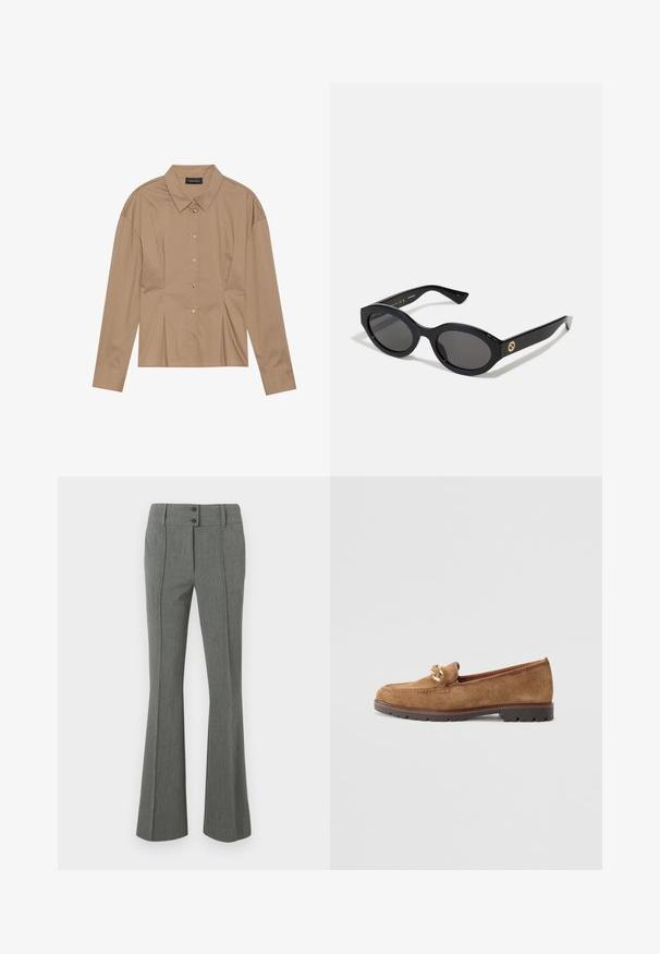 Bruine langemouwhemd met een kraag, knoopsluiting aan de voorkant en plooidetails. Gemaakt van een gladde stof met een getailleerd ontwerp.; Grijze, uitlopende broek gemaakt van gestructureerde stof. Voorzien van twee knopen bij de taille en voornaaddetails.; Tamaris Instappers - camel; Zwarte ovale zonnebril met donkere glazen en een glanzend kunststof frame. Heeft een gouden logo op de poot, dat een strakke en moderne uitstraling biedt.; Gouden ronde stud oorbellen met een gepolijste afwerking en een kleine post. Ze hebben een gladde textuur en een reflecterend oppervlak.