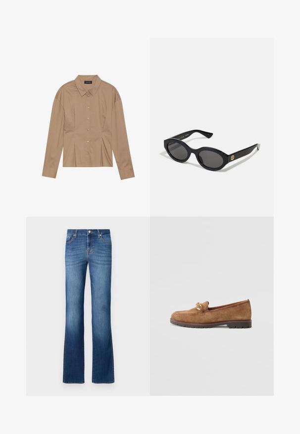 Hnědá dlouhá košile s límečkem, zapínáním na knoflíky vpředu a detaily v podobě záhybů. Vyrobeno z hladkého materiálu se přiléhavým střihem.; Modré džínové kalhoty s rozšířenými nohavicemi a klasickým designem pěti kapes, s bledým pruhem, zlatým šitím a zapínáním na knoflík v pase.; Tamaris Polobotky - camel; Černé oválné sluneční brýle s tmavými skly a lesklým plastovým rámem. Obsahují zlaté logo na straně, které poskytuje elegantní a moderní design.; Zlaté kulaté náušnice s hladkým povrchem a malým tácem. Mají jemnou texturu a odrazový povrch.