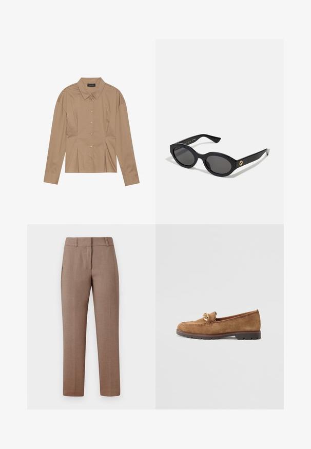 Barna hosszúujjú ing, galléros nyakkal, gombos elejével és plisszált részletekkel. Simafabrikából készült, testhez simuló fazonban.; Világosbarna, testre szabott nadrág sima textúrával, lapos elülső résszel, oldalsó zsebbel és egyenes lábbal. Az anyag finom mintával rendelkezik.; Tamaris Belebújós cipők - camel; Fekete ovális napszemüveg sötét lencsékkel és fényes műanyag kerettel. Aranyszínű logóval rendelkezik a szárán, amely elegáns és modern megjelenést biztosít.; Arany gömb alakú fülbevalók fényes felülettel és kis tűvel. Simaság jellemzi őket, tükröződő felületük van.