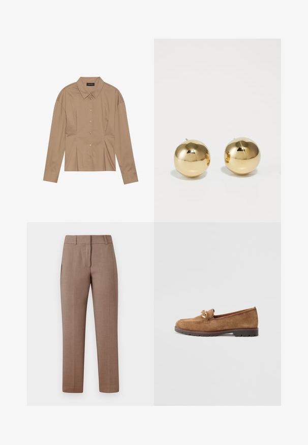 Pruun pikkade varrukatega särk, kaelusega, nööpidega esiosas ja koos voldikute detailidega. Valmistatud siledast kangast ja kitsamast disainist.; Heledad pruunid püksid, mis on kohandatud, sileda tekstuuriga, lamedate esiosadega, küljetaskutega ja sirge sääre kujundusega. Kanga peal on peen muster.; Tamaris Jalga libistatavad jalanõud - camel; Kuldne ümarate stud-kõrvarõngad, millel on poleeritud viimistlus ja väike post. Omavad siledat tekstuuri ja peegeldavat pinda.