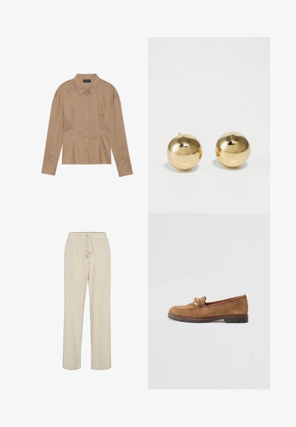 Brązowa koszula z długim rękawem, z kołnierzykiem, zapinana na guziki z detalami w postaci plis. Wykonana z gładkiego materiału o dopasowanym kroju.; Beżowe lniane spodnie z elastycznym pasem i regulowanym sznurkiem, z prostym krojem nogawek i subtelną fakturą.; Tamaris - Półbuty wsuwane; Złote okrągłe kolczyki wkrętki o polerowanym wykończeniu i małym słupku. Charakteryzują się gładką teksturą i lustrzaną powierzchnią.
