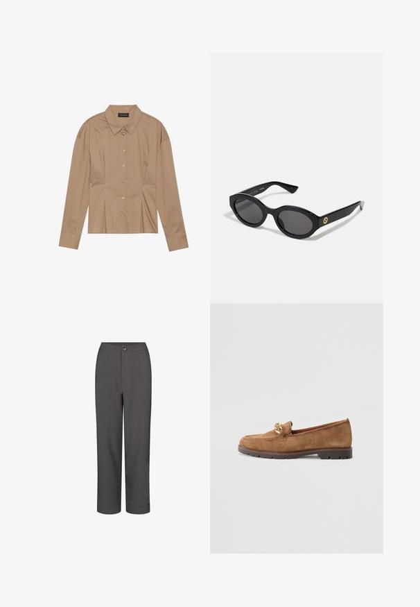 Rjava srajca z dolgimi rokavi in ovratnikom, z gumbi spredaj in s plastmi. Narejena iz gladkega materiala z oprijetim krojem.; Sive hlače z ravnimi nogavicami, gladko teksturo, sprednjim gumbom za zapiranje in obrobami za prilagojen videz.; Tamaris Čevlji brez vezalk - camel; Črne ovalne sončna očala s temnimi lečami in sijočim plastičnim okvirjem. Imajo zlat logo na robu, kar ponuja eleganten in sodoben oblikovalski pristop.; Zlati okrogli uhani s poliranim zaključkom in majhnim držalom. Imajo gladko teksturo in odsevno površino.