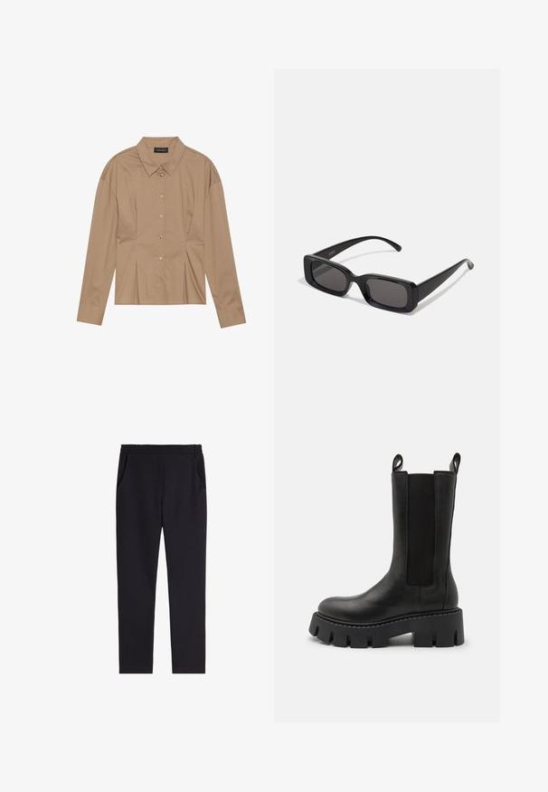 Braunes Langarmhemd mit kragen, durchgehender Knopfleiste und Faltendetails. Hergestellt aus einem glatten Stoff mit tailliertem Schnitt.; Schwarze Pull-on-Hosen aus weichem Stoff, mit einem elastischen Taillenbund, seitlichen Taschen und einem schmal zulaufenden Bein.; Schwarze Leder-Stiefelette mit elastischen Seitenpaneelen, Ziehschlaufen, kräftiger profilierten Sohle und verstärkten Nähdetails. Die Oberfläche hat eine glatte Textur.; Schwarze rechteckige Sonnenbrille mit dunklen Gläsern, glänzender Oberfläche, breiten Bügeln und einem klobigen Rahmen-Design. Gravierter Markenname auf einem Bügel.