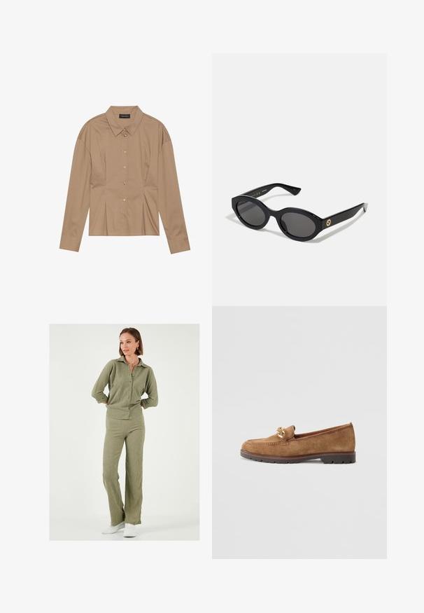 Barna hosszúujjú ing, galléros nyakkal, gombos elejével és plisszált részletekkel. Simafabrikából készült, testhez simuló fazonban.; Olíva zöld, textúrált kötött két részes szett, amely egy galléros, gombos ingből és a hozzá illő flared nadrágból áll, fehér sportcipőkkel kiegészítve.; Tamaris Belebújós cipők - camel; Fekete ovális napszemüveg sötét lencsékkel és fényes műanyag kerettel. Aranyszínű logóval rendelkezik a szárán, amely elegáns és modern megjelenést biztosít.; Arany gömb alakú fülbevalók fényes felülettel és kis tűvel. Simaság jellemzi őket, tükröződő felületük van.