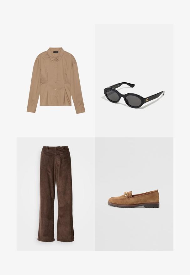 Brun langærmet skjorte med krave, knaplukning foran og plisseringer. Fremstillet af et glat stof med et tætsiddende design.; Brune fløjl bukser med en bred benudskæring, der har lodrette ribber og en talje. Stoffet har et blødt, tekstureret udseende.; Tamaris Loafers - camel; Sorte ovale solbriller med mørke linser og blank plastramme. Har et guldlogo på stykket, hvilket giver et slankt og moderne design.