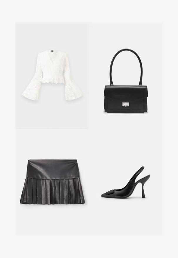 Vit spetskort jacka med utsvängda ärmar, som har en vågig nederkant och en djup V-halsdesign. Mjuk textur med intrikata blommönster.; Norma Kamali PICKLEBALL SKIRT - A-linjekjol - black; Svart lädersandal med spetsig tå, smal hög klack och en dekorativ rosettdetalj. Slät yta och elegant design.; Svart läderhandväska med en strukturerad design, ett topphandtag och ett silverfäste. Har hörnaccenter och slät yta.