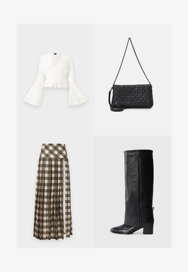 Valkoinen pitsinen lyhyt takki, jossa on kellotakit, kauniisti kaareva helma ja syvä V-kaula-aukko. Pehmeä rakenne, jossa on monimutkaisia kukkakuoseja.; Pitkä, laskostettu hame, jossa on ruskea ja beige ruudullinen kuvio. Korkea vyötärösuunnittelu sivuräätälöidyllä halkiolla ja pehmeällä kankaan rakenteella.; Mustat nahkaiset polven yli ulottuvat saappaat, joissa on sileä pinnan viimeistely, neliömäinen kärki, loiva korko ja sivuvedon yksityiskohtia säädettävää istuvuutta varten.; Mustekka nahkainen laukku, jossa on ketjuolkaimet, pääkallon yksityiskohdat ja vetoketjukiinnitys. Rakenne on teksturoitu ja siinä on kiiltävä pinta.