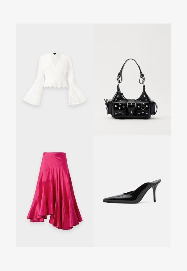 Bijela čipkasta kratka jakna s zvonastim rukavima, koja ima valoviti rub i duboki V-izrez. Mekana tekstura s složenim cvjetnim uzorcima.; Satin suknja u magenta boji s lepršavim rubom, koja ima slojevite panele i asimetrični dizajn. Glatka tekstura i dužina do sredine bedara.; Crne lakirane kožne visoke potpetice mule s šiljastim prstom i elegantnom siluetom, s otvorenom poleđinom i vitkom stiletto potpeticom.; Crna kožna torba s zakrivljenim dizajnom, koja sadrži srebrne zakovice, kopču i dva bočna džepa. Podesiva traka za različite opcije nošenja.
