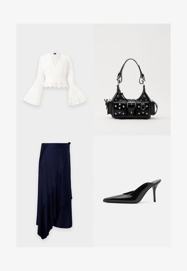 Bela čipkasta kratka jakna z zvončastimi rokavi, ki se ponaša z valovitim robom in globokim V-izrezom. Mehka tekstura z zapletenimi cvetličnimi vzorci.; Rabanne Ozko oprijeto krilo - deep navy; Črne patentirane čevlje s peto, z usko silhueto in koničastim nosom, z odprtim hrbtom in vitko stiletto peto.; Črna usnjena torbica s ukrivljenim dizajnom, ki vsebuje srebrne žebljičke, zaponko in dve stranski žepki. Nastavljiv trak za različne možnosti nošenja.