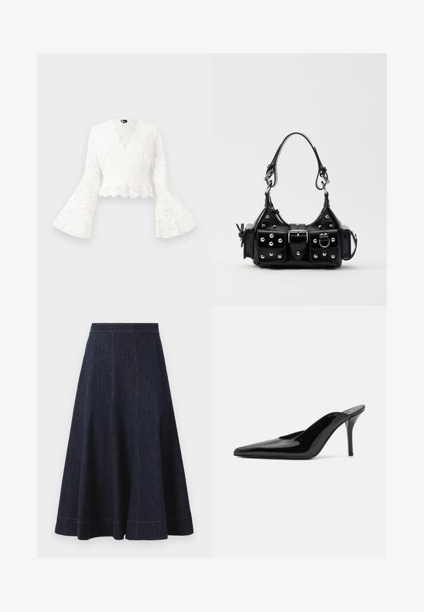 Bílá krajková zkrácená bunda s volnými rukávy, se zdobeným lemem a hlubokým výstřihem do V. Měkká textura s propracovanými květinovými vzory.; Tmavě modrá denimová sukně s rozšířeným střihem, která má vertikální švy a kontrastní oranžové prošívání podél lemu.; Černé lakované kožené muly na vysokém podpatku s špičatou špičkou a elegantním siluetou, s otevřenou zadní částí a štíhlým stiletto podpatkem.; Černá kožená kabelka s křivkovým designem, zdobená stříbrnými hřebíky, s přezkou a dvěma bočními kapsami. Nastavitelný popruh pro různé možnosti nošení.