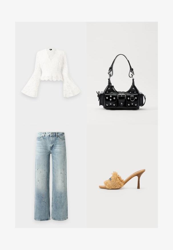Valge pitsist lühike jakk kellukese varrukatega, lainelise hemiga ja sügava V-kaelusega kujundusega. Pehme tekstuur koos keerukate lillemotiividega.; Heledad helesinine laiade jalgadega teksad, millel on denimist valmistatud, graadiendiga värviefekt ja hõbedaste silmadega ääristused piki suunda.; Kootud heinast kõrge kontsaga sandaalid pruunis, millel on fringed detailid ja sinised aktsendid, ümar avatud varvas ning kitsenev stiletto konts.; Must värvi nahast käekott, millel on kaarjas disain, hõbedased nupukesed, kinnitusahe ja kaks külgtaskut. Reguleeritav rihm erinevate kandmisvõimaluste jaoks.