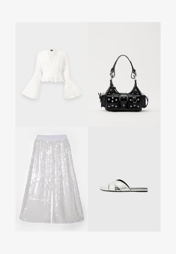 Jaqueta cropped de renda branca com mangas boca de sino, apresentando uma bainha recortada e um design de decote em V profundo. Textura suave com padrões florais intrincados.; Norma Kamali BOYFRIEND ELEPHANT - Calças - clear/white; Sandálias planas de slide prateadas com acabamento metálico, apresentando um design de tira curva, detalhes recortados e uma sola texturizada para melhor aderência.; Bolsa de couro preta com um design curvado, apresentando tachas prateadas, uma fivela e dois bolsos laterais. Alça ajustável para opções de transporte.