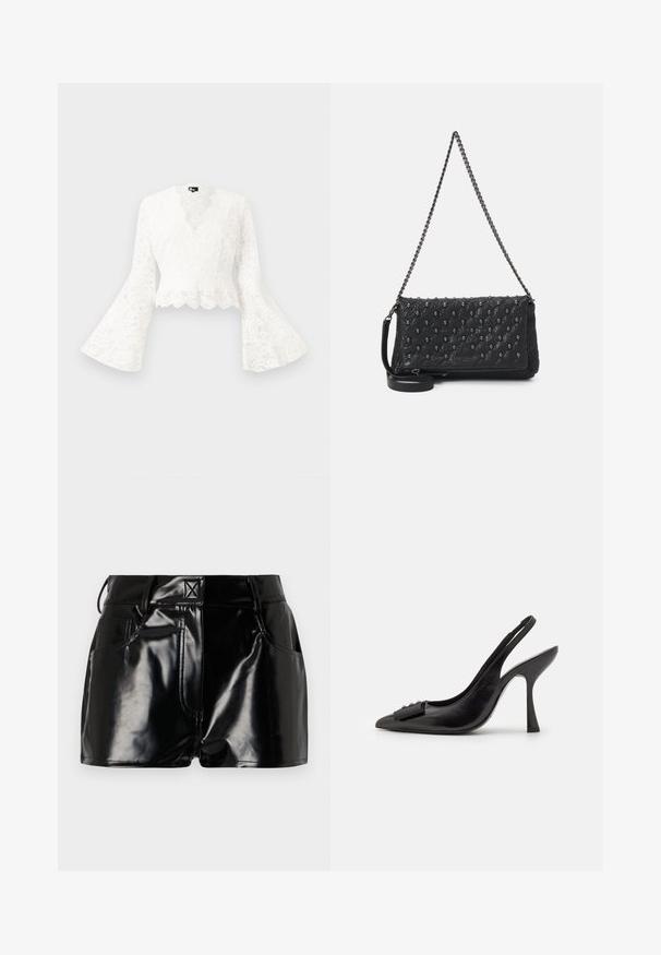 Balta mežģīņu cropped jakas ar zvana piedurknēm, ar viļņotu hemline un dziļu V-veida kakla izgriezumu. Mīksta tekstūra ar sarežģītiem ziedu rakstiem.; Melnas, spīdīgas šorti, izgatavoti no sintētiskā materiāla. Iezīmētais viduklis, jostas cilpas un priekšējās kabatas ar izteiktām šuvju detaļām.; Melnas ādas sārta kurpes ar smailu purngalu, šauru augstu papēdi un dekoratīvu loku akcentu. Gluda tekstūra un elegants dizains.; Melnā iešūta ādas soma ar ķēdes siksnu, ar īkšķa akcentiem un ar rāvējslēdzēju. Tekstūrēta virsma ar spīdīgu apdari.