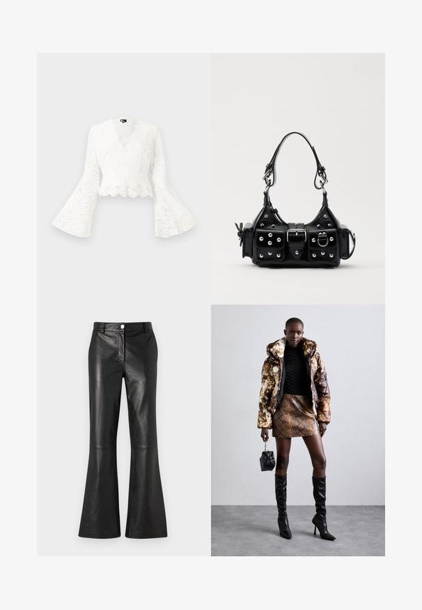 Bílá krajková zkrácená bunda s volnými rukávy, se zdobeným lemem a hlubokým výstřihem do V. Měkká textura s propracovanými květinovými vzory.; Černé kožené kalhoty s rozšířenými nohavicemi a hladkým povrchem, s předním zipem a kovovým knoflíkem na zapínání. Čisté linie s minimálním zdobením.; Puffa bunda s hnědým a černým vzorem, zkombinovaná s hnědou mini sukní s hadím vzorem, černými vysokými botami a malou černou taškou.; Černá kožená kabelka s křivkovým designem, zdobená stříbrnými hřebíky, s přezkou a dvěma bočními kapsami. Nastavitelný popruh pro různé možnosti nošení.