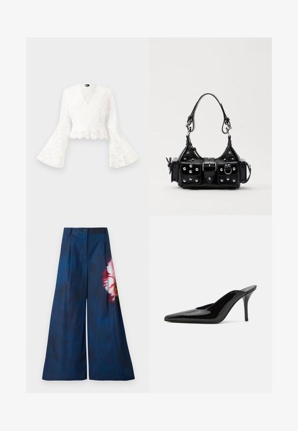 Valkoinen pitsinen lyhyt takki, jossa on kellotakit, kauniisti kaareva helma ja syvä V-kaula-aukko. Pehmeä rakenne, jossa on monimutkaisia kukkakuoseja.; Housut, joissa on leveät lahkeet tummansinisestä kankaasta, ja yhdellä sivulla on vaaleanpunainen ja keltainen kukkakuosi. Vyötäröllä on nappikiinnitys.; Mustat patentoidut korkeakorkoiset mulesandaalit, joissa on terävä kärki ja sulavalinjainen siluetti. Kenkäparissa on avonainen takaosa ja hoikka stiletto-korko.; Musta nahkainen käsilaukku, jossa on kaareva muotoilu, hopeiset niitit, solki ja kaksi sivutaskua. Säädettävä olkahihna erilaisiin kantovaihtoehtoihin.