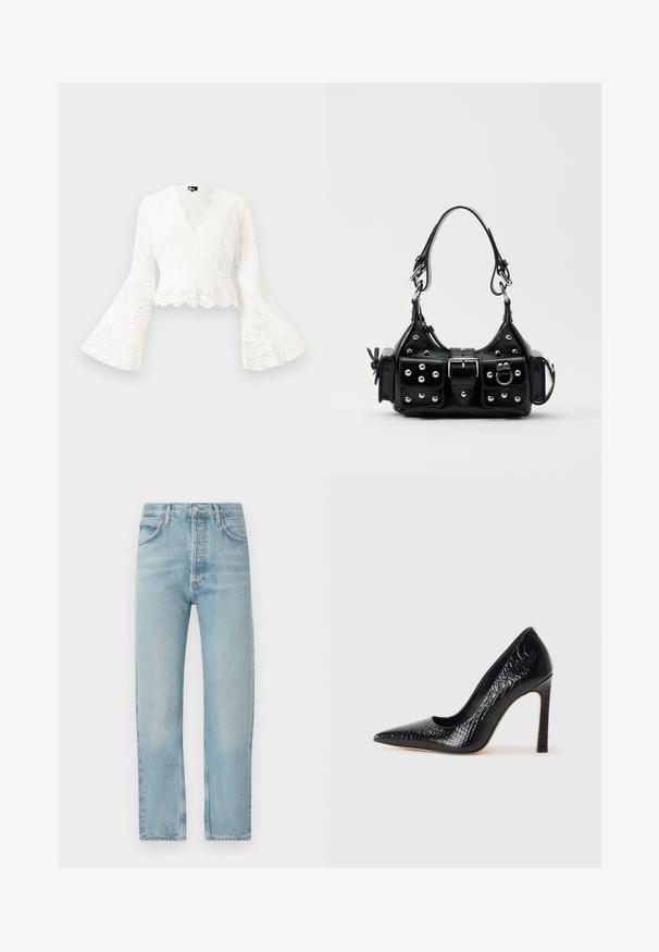 Jaqueta cropped de renda branca com mangas boca de sino, apresentando uma bainha recortada e um design de decote em V profundo. Textura suave com padrões florais intrincados.; Jean de ganga azul claro, de perna reta, de cintura alta, com cinco bolsos, fecho de botão e zip, desbotamento subtil e detalhes de costura em contraste.; Sapato de salto alto de bico fino preto com textura de pele de crocodilo, apresentando um design elegante, salto agulha alto e interior preto suave.; Bolsa de couro preta com um design curvado, apresentando tachas prateadas, uma fivela e dois bolsos laterais. Alça ajustável para opções de transporte.