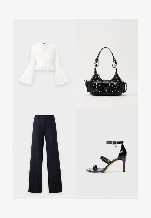 Weiße Spitzenjacke mit kurzen Ärmeln, die über weit ausgestellte Ärmel verfügt, mit einem gewellten Saum und einem tiefen V-Ausschnitt-Design. Weicher Stoff mit filigranen floralen Mustern.; Schwarze weit geschnittene Hose. Maßgeschneiderte Passform mit glatter Textur. Verfügt über eine Reihe von metallischen Nieten entlang der Seitennaht für Details.; Schwarze Lackleder-Sandale mit drei Riemen, Knöchelriemen und 10 cm hohen Stiletto-Absatz. Verfügt über goldfarbene Hardware-Details und ein Logo-Charm.; Schwarze Lederhandtasche mit einem geschwungenen Design, verziert mit silbernen Nieten, einer Schnalle und zwei seitlichen Taschen. Verstellbarer Träger für verschiedene Tragemöglichkeiten.
