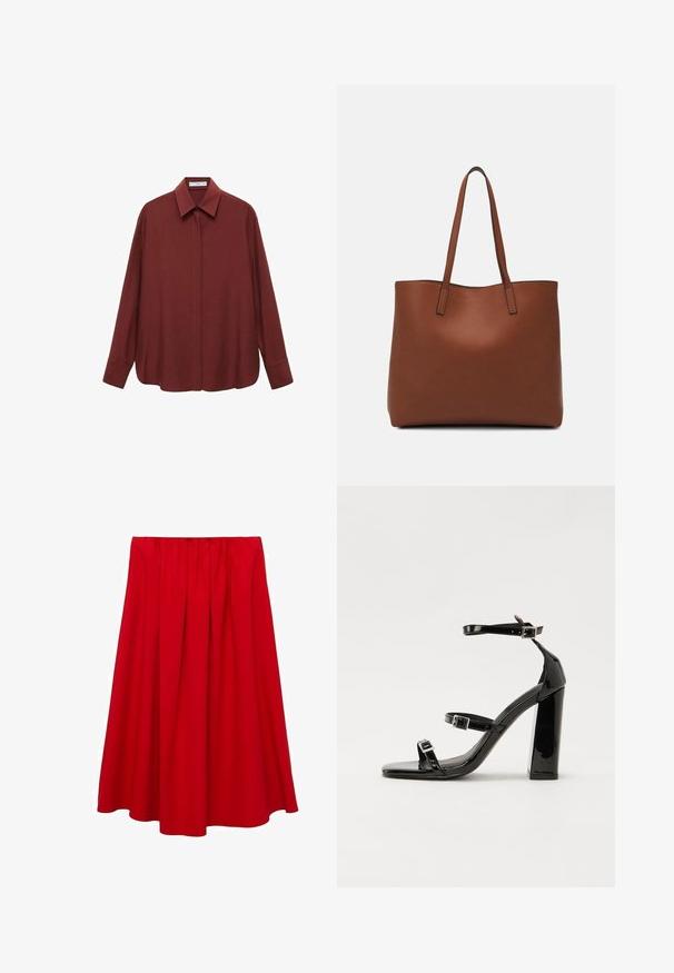 Camicia a maniche lunghe di color bordeaux con colletto a punta, chiusura frontale a bottoni e vestibilità ampia. Realizzata in tessuto morbido con un design minimale.; Gonna rossa al ginocchio con vita arricciata e design a linea ad A fluttuante. Realizzata in tessuto liscio senza motivi o accentuazioni visibili.; Sandali con tacco alto in vernice nera con due cinturini con fibbia, punta quadrata e tacco spesso a blocco, caratterizzati da una texture liscia e lucida.; Borsa tote in pelle marrone con texture liscia, design con apertura superiore e due spallacci. Presenta cuciture minime e nessun hardware visibile.