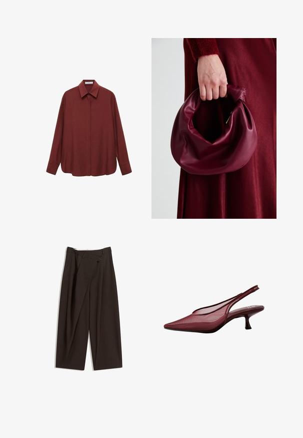 Langärmliges burgunderrotes Hemd mit spitzem Kragen, vorderem Knopfverschluss und lockerer Passform. Aus glattem Stoff mit minimalistischem Design gefertigt.; Dunkelbraune, weite Hosen mit hohem Bund, die über einen einzigen Knopfverschluss und eine gefaltete Vorderseite verfügen. Hergestellt aus leichtem Stoff.; Burgunderfarbene Slingback-Pumps mit spitzer Zehe und Mesh-Obermaterial. Verfügen über einen schlanken Absatz und ein Ausschnittdesign, das eine elegante Silhouette bietet.; Burgunderleder-Handtasche mit einem weichen, gerafften Design und einer gerundeten Form. Der Griff ist gesichert und zeigt eine glatte Textur.