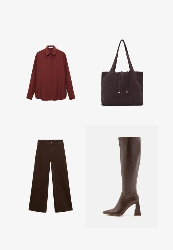 Cămașă burgundy cu mânecă lungă, guler ascuțit, închidere cu nasturi pe față și croială lejeră. Fabricată dintr-un material neted cu un design minimalist.; Pantaloni largi maro dintr-un amestec de bumbac, cu un tiv desfăcut, închidere cu buton frontal și un design clasic cu cinci buzunare. Minimalist și versatil.; RAID TENBY - Cizme - brown; Mango Geantă de pânză - dark brown