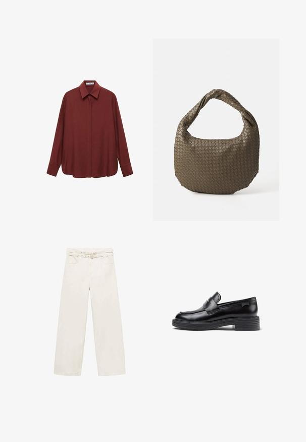 Burgundipunainen pitkähihaine paita, jossa on terävä kaulus, etupainikekiinnitys ja löysä malli. Valmistettu sileästä kankaasta, jossa on minimaalinen muotoilu.; Valkoiset, leveälahkeiset housut, jotka on valmistettu puuvillasta. Varustettu vyöllä, vetoketjulla ja kahdella etutaskulla. Silkkinen pinta, vähäisellä ompelulla.; Mustat nahkaiset loaferit, joissa on pyöristetty kärki, koristeommel ja paksu kumipohja. Korostettu koristeellisesti hihnalla.; Kudottu oliivinvihreä käsilaukku, jossa on pyöreä muoto ja kiertyvä kahva. Teksturoitu pinta sisältää diagonaalisen kuvion. Vetoketjukiinnitys.