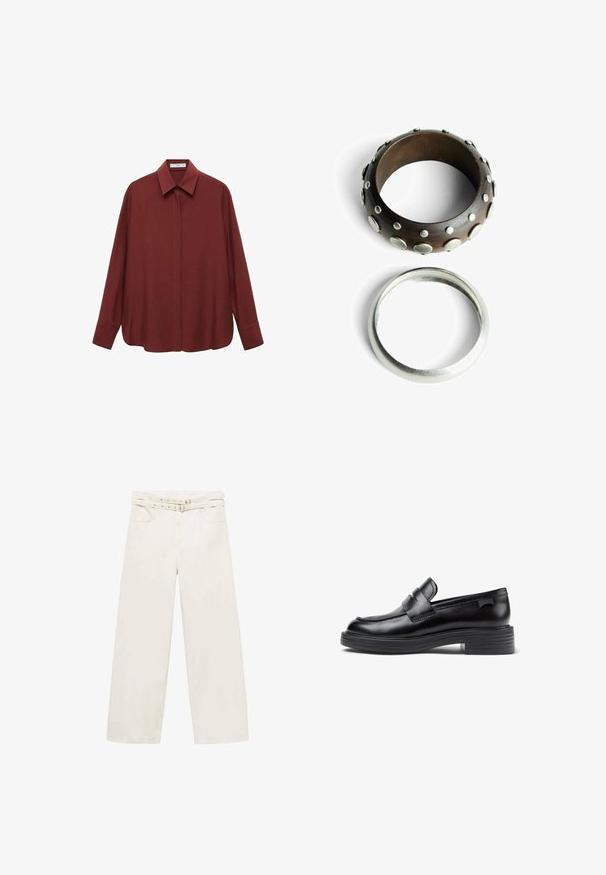 Långärmad vinröd skjorta med spetsig krage, knappstängning fram och lös passform. Tillverkad av slät tyg med en minimal design.; Breda ben, krämfärgade byxor i bomull. Har ett bälte i midjan, dragkedja och två framfickor. Slät yta, minimal sömnad.; Svarta läderloafers med rund tå, med en stickad design och en grov gummisula. Utsmyckade med ett dekorativt band.; Träring med metallnitar, mörkbrun färg, texturerad yta. Silverfärgad slät bandring, enkel design.