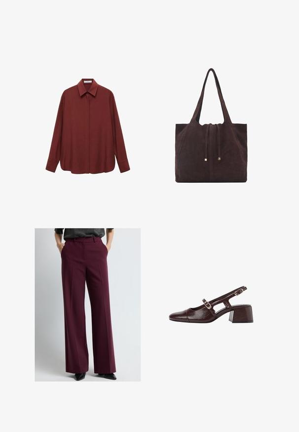 Long-sleeve burgundy shirt with a pointed collar, front button closure, and a loose fit. Made of smooth fabric with a minimal design.; Wide-leg trousers in burgundy fabric, featuring front pleats and side pockets, paired with black pointed shoes for a polished look.; Brown leather slingback heels with a square toe, cut-out sides, and a block heel. Features a buckle on the ankle strap.; Mango Tote bag - dark brown