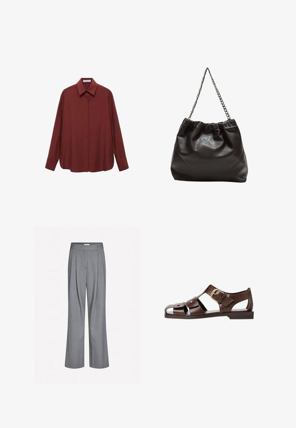 Košulja boje burgundy s dugim rukavima, šiljastim ovratnikom, prednjim zatvaranjem na gumbe i ležernim krojem. Izrađena je od glatkog materijala s minimalnim dizajnom.; Sive široke hlače s ravnim pojasom, okomitim nabranim detaljima i glatkom teksturom, izrađene od lagane tkanine.; Smeđe kožne sandale s izrezbarenim dizajnom, podesivim bočnim kopčanjem i ravnim potplatom, s metalnim detaljima i otvorenim prstima.; Smeđa kožna torba s naboranim vrhom i lančićem za nošenje. Glatka tekstura s sjajnim završetkom i suptilnim šavnim detaljima sa strane.