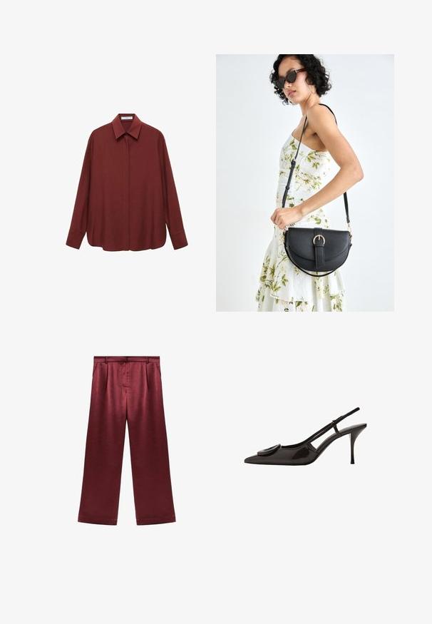 Long-sleeve burgundy shirt with a pointed collar, front button closure, and a loose fit. Made of smooth fabric with a minimal design.; Burgundy wide-leg trousers made of satin with a smooth texture, featuring a high waist and two side pockets for functional detail.; Black patent leather slingback shoe with pointed toe, minimalistic design, small circular accent on the vamp, and slender heel.; Black leather handbag with a curved shape, detachable strap, and gold hardware. The bag features a flap with a buckle detail.