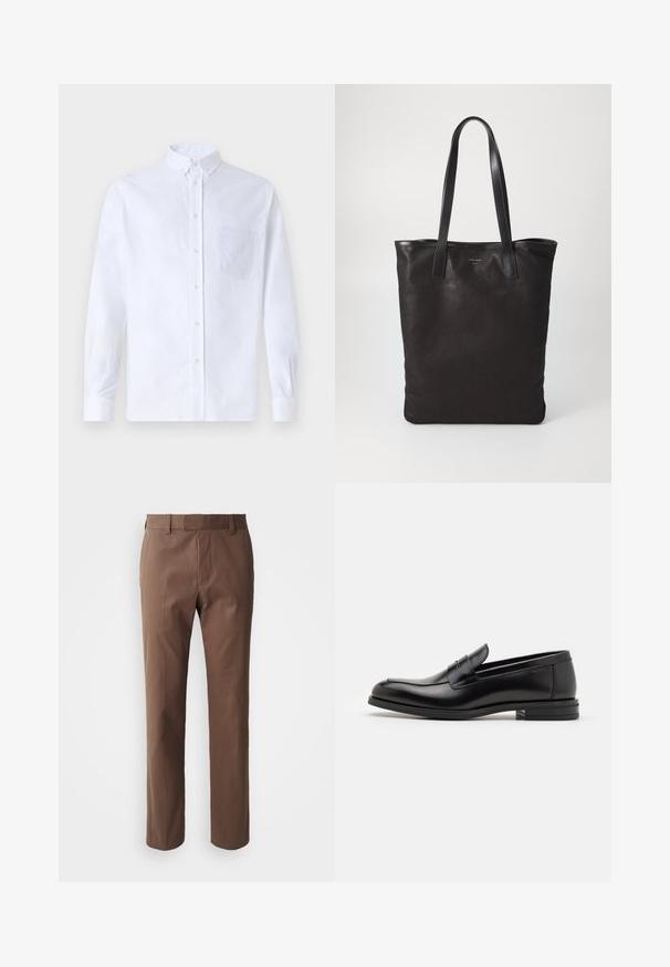 White long-sleeve button-up shirt made of cotton, featuring a chest pocket with tonal embroidery, a collar, and button cuffs.; Brown trousers with a tailored fit, flat front, and two side pockets. Made of a smooth fabric with a clean finish and no visible patterns.; Black leather loafers with a smooth texture, rounded toe, and a decorative strap across the vamp. Low stacked heel, minimalist design.; Black canvas tote bag with black leather handles. Simple design, spacious body, and a smooth texture. No visible logos or patterns.