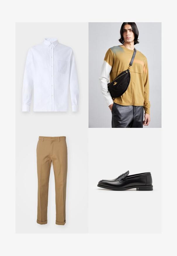 Bela dolgo rukava srajca s kragnico, izdelana iz bombaža, z žepom na prsih in toniranimi vezeninami ter gumbi na manšetah.; Rjave bombažne hlače s ravnim krojem, z zavihkom na robu, dvema sprednjima žepoma in gladko teksturo.; Črne usnjene loafer čevlje z gladko teksturo, zaobljenim nosom in dekorativnim trakom čez zgornji del. Nizka zložena peta, minimalističen dizajn.; Vivienne Westwood CITY BUMBAG UNISEX - Torbica za okoli pasu - black