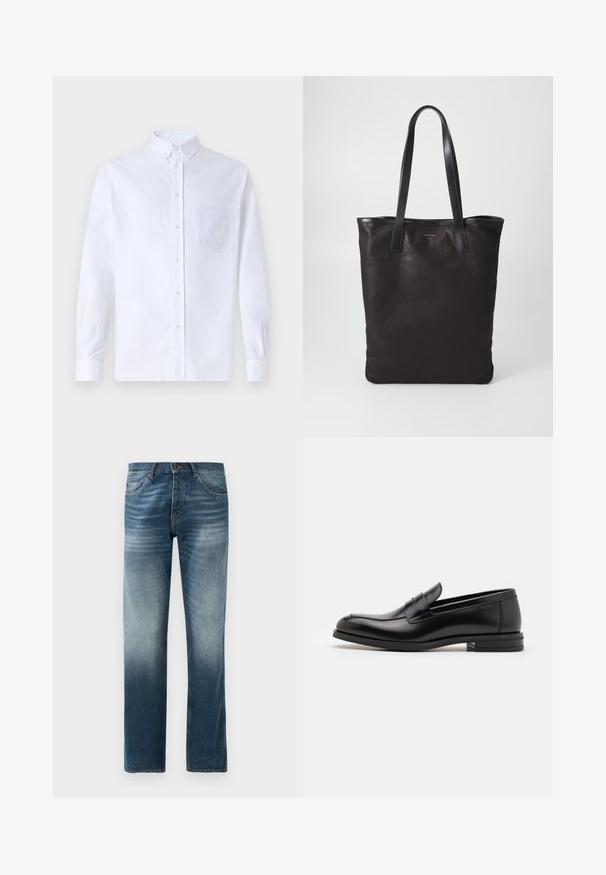 Bílá dlouhá košile s knoflíky vyrobená z bavlny, která má náprsní kapsu s tónovanou výšivkou, límec a knoflíkové manžety.; Džínové kalhoty v tmavě modré barvě s vybledlým efektem, v rovném střihu. Obsahují pět kapes, standardní pas s poutky na opasek a kovové zapínání na knoflík.; Černé kožené polobotky s hladkou texturou, zaoblenou špičkou a zdobným páskem přes nárt. Nízký stohovaný podpatek, minimalistický design.; Černá plátěná taška s černými koženými uchy. Jednoduchý design, prostorné tělo a hladký povrch. Žádné viditelné loga ani vzory.