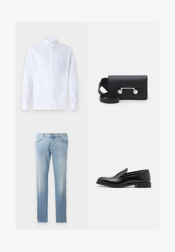 Bela dolgo rukava srajca s kragnico, izdelana iz bombaža, z žepom na prsih in toniranimi vezeninami ter gumbi na manšetah.; Svetlo modri jeans z ravnim krojem, subtilno bledenje, pet žepni dizajn in gumba za zapiranje v pasu.; Črne usnjene loafer čevlje z gladko teksturo, zaobljenim nosom in dekorativnim trakom čez zgornji del. Nizka zložena peta, minimalističen dizajn.; Črna usnjena torbica za čez ramo z zapiranjem na preklop, srebrnimi dodatki in dvema okroglima okrasoma. Ima snemljiv trak. Gladka tekstura.