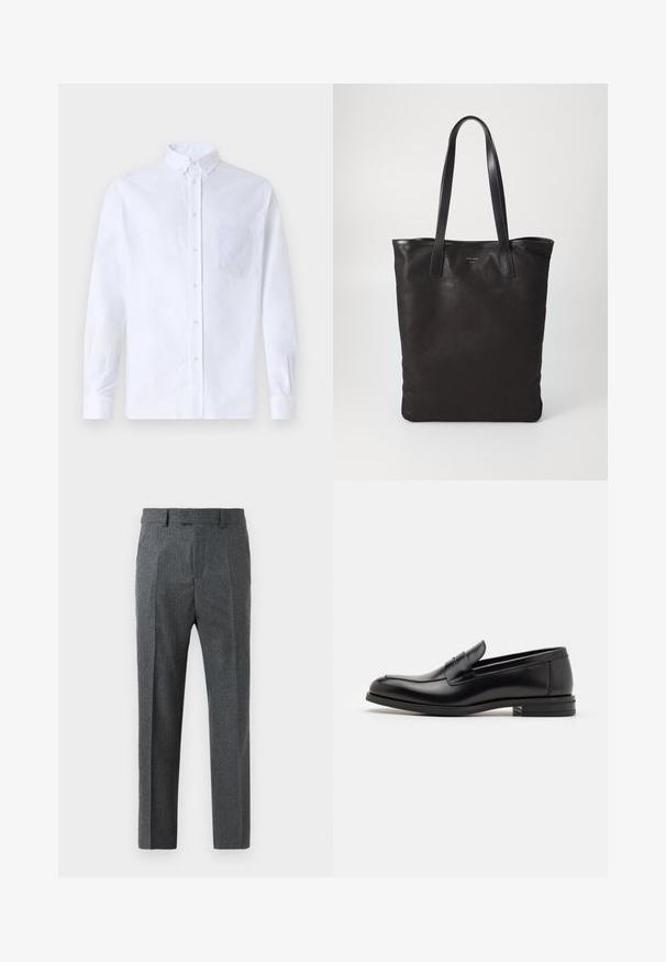Biely dlhý rukáv košeľa s gombíkmi vyrobená z bavlny, s náprsného vrecka s tonálnou výšivkou, golierom a gombíkovými manžetami.; Šedé elegantné nohavice s jemným kontrolným vzorom, rovným strihom a hladkou textúrou látky. Obsahuje pútka na opasok a zips.; Čierne kožené mokasíny s hladkou textúrou, zaoblenou špičkou a dekoračným pásikom cez priehlavok. Nízky vrstvený opätok, minimalistický dizajn.; Čierna plátená taška s čiernymi koženými ušami. Jednoduchý dizajn, priestranné telo a hladká textúra. Žiadne viditeľné logo ani vzory.