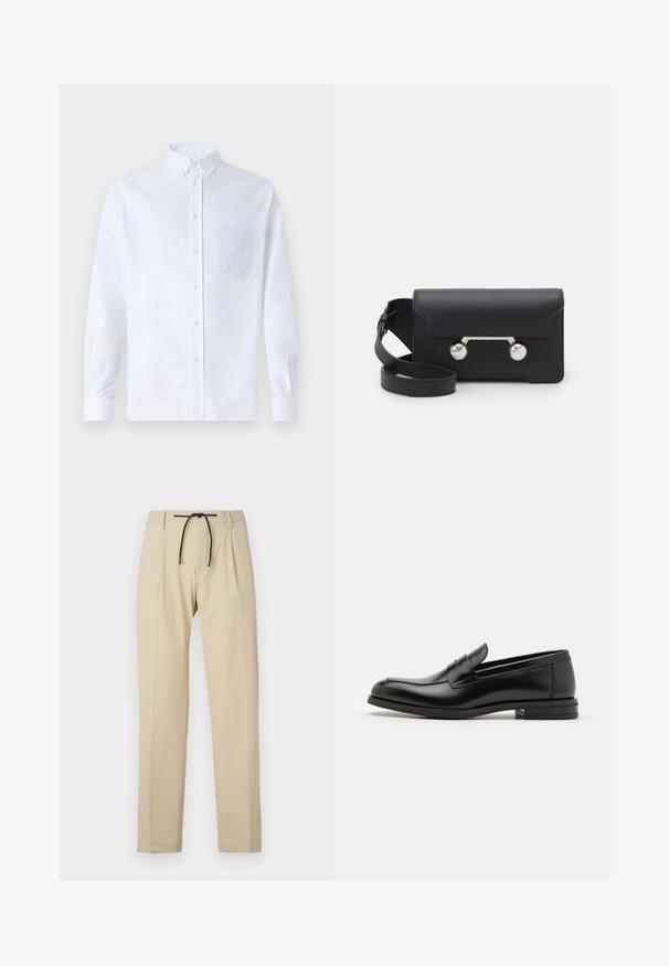 Bela dolgo rukava srajca s kragnico, izdelana iz bombaža, z žepom na prsih in toniranimi vezeninami ter gumbi na manšetah.; Bež hlače s ravnim krojem, z elastičnim pasom, plisejem na sprednji strani in gladko teksturo. Preprost, vsestranski dizajn.; Črne usnjene loafer čevlje z gladko teksturo, zaobljenim nosom in dekorativnim trakom čez zgornji del. Nizka zložena peta, minimalističen dizajn.; Črna usnjena torbica za čez ramo z zapiranjem na preklop, srebrnimi dodatki in dvema okroglima okrasoma. Ima snemljiv trak. Gladka tekstura.