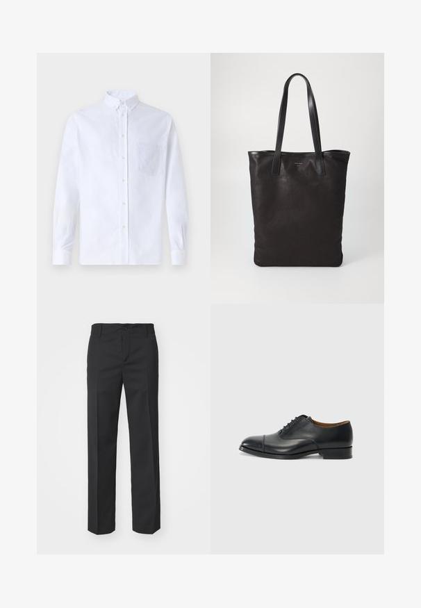 Witte lange mouwen overhemd van katoen, met een borstzak met tonale borduring, een kraag en knopenmanchetten.; Filippa K TROY TROUSERS - Broek - black; Zwarte leren dress shoe met een gladde afwerking, ronde neus, vijf gaten voor veters, en een lage blokhak. Minimalistisch ontwerp met subtiele stiksels.; Zwarte canvas schoudertas met zwarte leren handvaten. Eenvoudig ontwerp, ruime body en een gladde textuur. Geen zichtbare logo's of patronen.