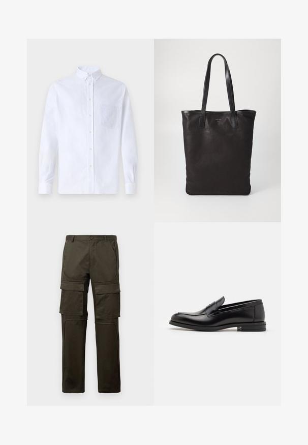Biała koszula z długim rękawem na guziki, wykonana z bawełny, z kieszonką na piersi z tonowym haftem, kołnierzykiem i zapięciem na guziki przy mankietach.; Ciemnooliwkowe spodnie cargo z wieloma dużymi kieszeniami z przodu i na udach, zapięciem na guzik oraz przeszytymi panelami na kolanach, na białym tle.; Czarne skórzane mokasyny o gładkiej fakturze, zaokrąglonym nosku i dekoracyjnym pasku na przodzie. Niski, warstwowy obcas, minimalistyczny design.; Czarna torba na ramię z czarnymi skórzanymi uchwytami. Prosty design, pojemne wnętrze i gładka faktura. Bez widocznych logo ani wzorów.