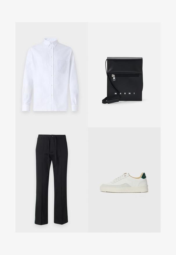 Hvid langærmet skjorte med knapper lavet af bomuld, med en brystlomme med tonal broderi, krave og knapmanchetter.; Sorte svedbukser med snoreliv, flad front og lige ben. Har grønne detaljer langs sidesømmene. Blød stoftekstur.; Hvide sneakers med ruskindsdetaljer, rund tå, flade snørebånd og en cremet gummisål. Har grøn branding på hælen.; Sort læder crossbody taske med en lynlåslomme foran, præget logo og justerbar rem. Glat tekstur med en struktureret form.
