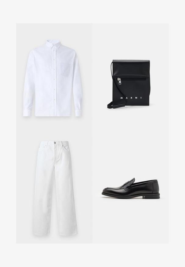Camisa blanca de manga larga y botonadura frontal, hecha de algodón, con un bolsillo en el pecho con bordado tonal, cuello y puños con botones.; rag & bone BAGGY - Vaqueros baggy - white; Mocasines de cuero negro con una textura suave, puntera redondeada y una tira decorativa en el empeine. Tacón bajo apilado, diseño minimalista.; Bolso de hombro de cuero negro con un bolsillo frontal con cremallera, logo en relieve y correa ajustable. Textura suave con una forma estructurada.
