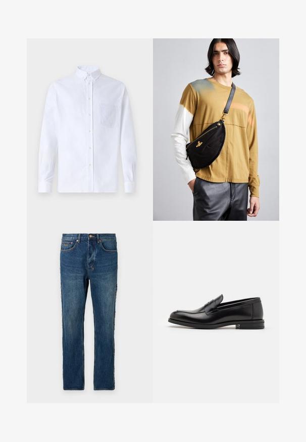 White long-sleeve button-up shirt made of cotton, featuring a chest pocket with tonal embroidery, a collar, and button cuffs.; Blue denim jeans with a straight leg design, featuring distressed accents on the sides and a classic button closure at the waist.; Black leather loafers with a smooth texture, rounded toe, and a decorative strap across the vamp. Low stacked heel, minimalist design.; Vivienne Westwood CITY BUMBAG UNISEX - Bum bag - black