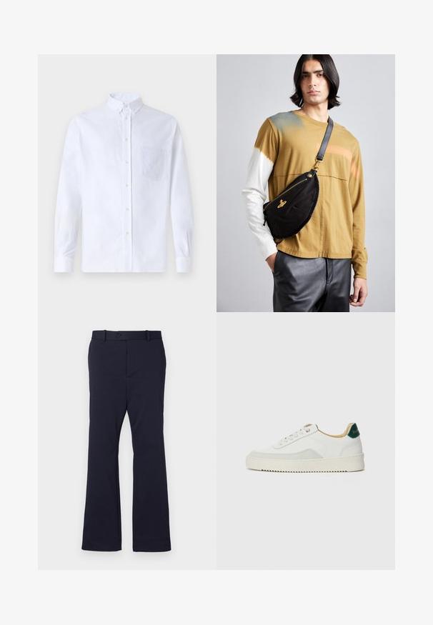 Camicia bianca a maniche lunghe con bottoni, realizzata in cotone, caratterizzata da una tasca sul petto con ricamo tonale, colletto e polsini con bottoni.; Pantaloni blu navy realizzati in tessuto liscio con una linea dritta, tasche frontali e chiusura con un solo bottone in vita.; Sneaker bianco con accenti in camoscio, punta rotonda, lacci piatti e suola in gomma crema. Presenta un marchio verde sul tallone.; Vivienne Westwood CITY BUMBAG UNISEX - Marsupio - black
