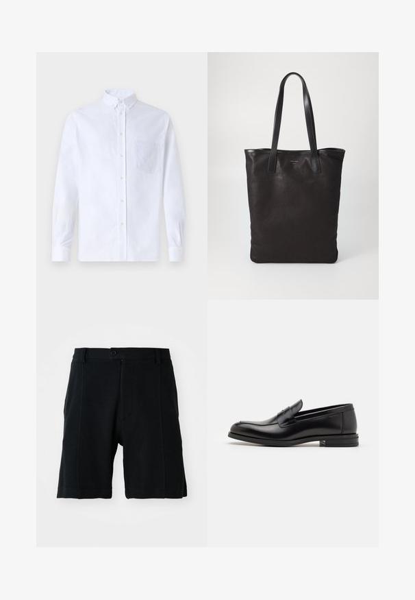 White long-sleeve button-up shirt made of cotton, featuring a chest pocket with tonal embroidery, a collar, and button cuffs.; Black shorts made of textured fabric, featuring a front button closure, side pockets, and a straight cut, with visible stitching details.; Black leather loafers with a smooth texture, rounded toe, and a decorative strap across the vamp. Low stacked heel, minimalist design.; Black canvas tote bag with black leather handles. Simple design, spacious body, and a smooth texture. No visible logos or patterns.