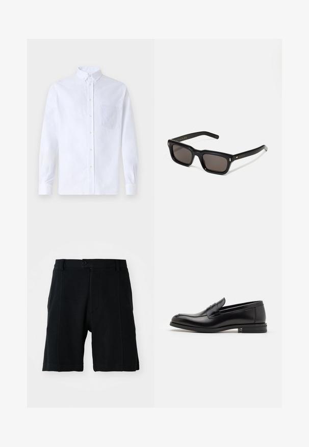 White long-sleeve button-up shirt made of cotton, featuring a chest pocket with tonal embroidery, a collar, and button cuffs.; Black shorts made of textured fabric, featuring a front button closure, side pockets, and a straight cut, with visible stitching details.; Black leather loafers with a smooth texture, rounded toe, and a decorative strap across the vamp. Low stacked heel, minimalist design.; Black rectangular sunglasses with dark lenses, thick plastic frame, gold accents on temples, and brand logo engraved on the arm.