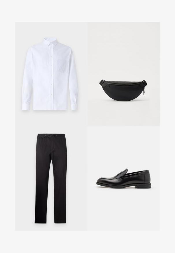 White long-sleeve button-up shirt made of cotton, featuring a chest pocket with tonal embroidery, a collar, and button cuffs.; Black trousers with an elastic waistband and drawstring. Features a smooth texture and straight-leg design. Minimalist style without patterns.; Black leather loafers with a smooth texture, rounded toe, and a decorative strap across the vamp. Low stacked heel, minimalist design.; Black leather fanny pack with a curved design, top zipper closure, adjustable strap, and pebbled texture. Minimalist style with silver hardware.